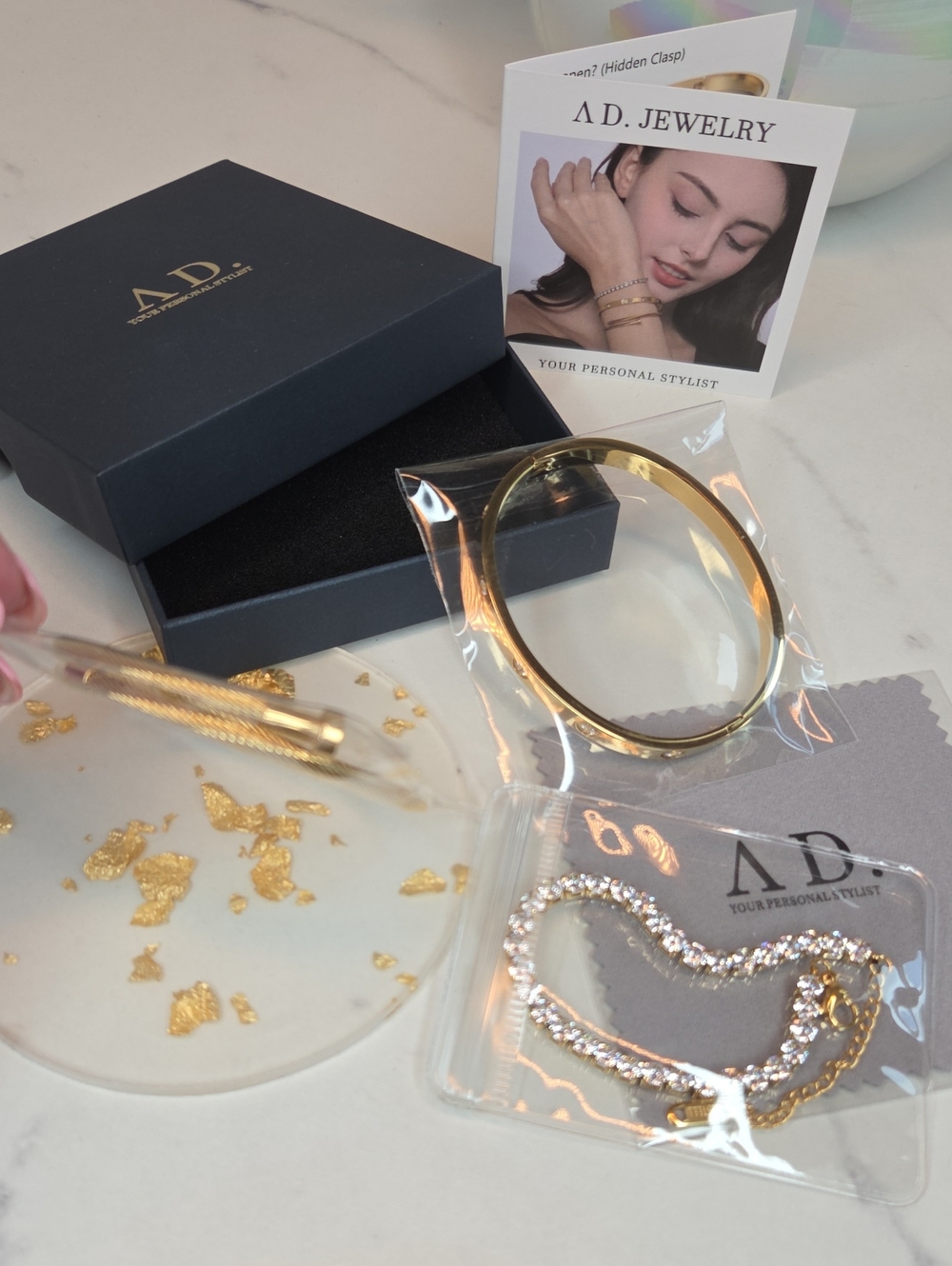 AD Jewelry 18 K Gold Plated Love Bangle Bracelet Stone Tennis Set